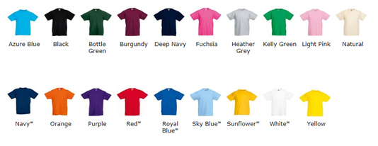 Junior T Shirt Colour Chart